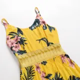 Women Floral Print Cut Out Mesh High Waist V-neck Slip Maxi Dress