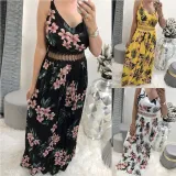 Women Floral Print Cut Out Mesh High Waist V-neck Slip Maxi Dress