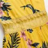 Women Floral Print Cut Out Mesh High Waist V-neck Slip Maxi Dress