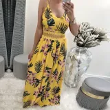 Women Floral Print Cut Out Mesh High Waist V-neck Slip Maxi Dress