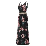 Women Floral Print Cut Out Mesh High Waist V-neck Slip Maxi Dress