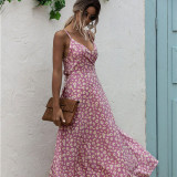 Wome Floral Print High Waist V-neck Slip Backless Maxi Dress