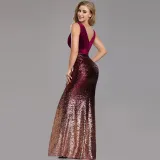 Women Velvet Ombre Sequins Matching V-neck Mermaid Maxi Party Dress