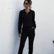 Women Zipper Stand Collar Sports Long Sleeves Two-Piece Sports Lounge Sets