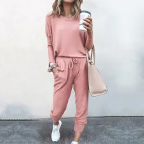 Women Round Neck Pullover Long Sleeves Top and Sport Pant Casual Two-piece Sets