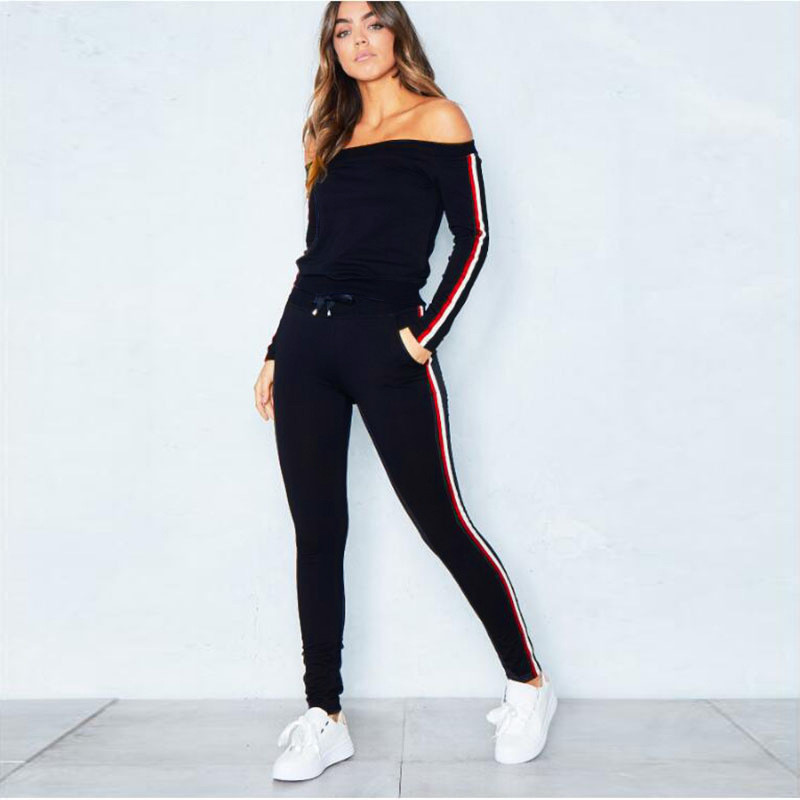 Women Off The Shoulder Top and 3 Colors Stripes Pant Sports Tow-piece Sets