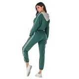 Women Long Sleeves Hooded Short Stripes Top and Sports Pants Two-piece Sets