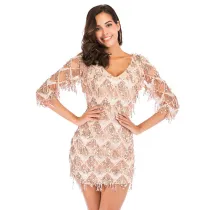 Women Rose Gold Tassels Fringed Sequins V-neck Bodycon Mini Dress