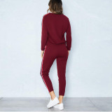 Women 3 Color Stripes Long Sleeves Round Neck Pullover Top and Sports Pants Two-piece Sets