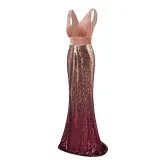 Women Velvet Ombre Sequins Matching V-neck Mermaid Maxi Party Dress