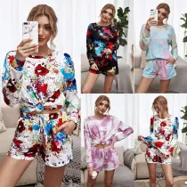 Women Colorful Tie-Dye Long Sleeves and Shorts Home Casual Lounge Sets