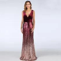 Women Velvet Ombre Sequins Matching V-neck Mermaid Maxi Party Dress