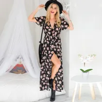 Women Floral Print V-neck Wrap Maxi Dress