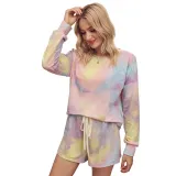 Women Tie-Dye Long Sleeves Pullover Tops and Shorts Home Casual Lounge Sets