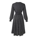 Women White Dots V-neck High Waist Longe Sleeves A-line Dress