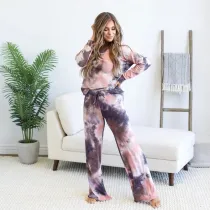 Women Tie-Dye With Drawstring Long Sleeves Home Casual Lounge Sets