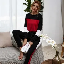 Women Color Matching Long Sleeves Pullover Top and Pant Home Casual Lounge Sets