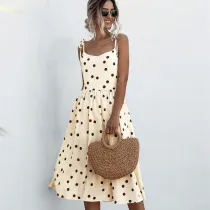 Women Polka Dots Tie-Up Slip A-line Dress