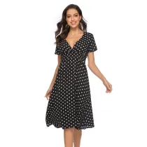 Women Polka Dots V-neck Short Sleeves Dress
