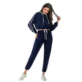 Women Long Sleeves Hooded Short Stripes Top and Sports Pants Two-piece Sets
