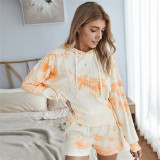 Women Tie-Dye Hooded Pullover Long Sleeves Tops and Shorts Home Casual Sets