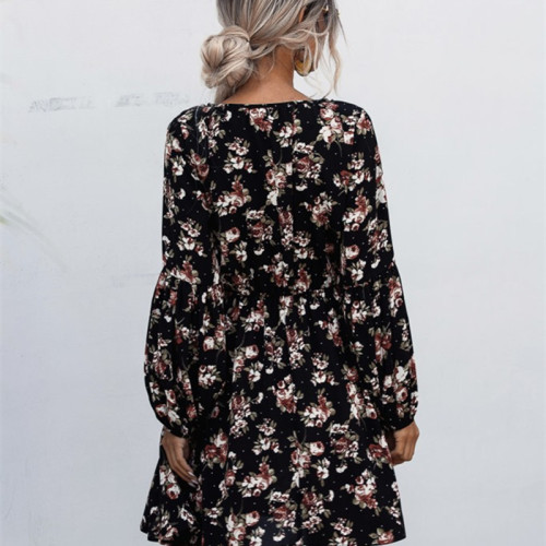 Women Floral Print V-neck Long Sleeve Mini Dress