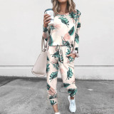 Women Prints Leaves Stars Long-Sleeved Round Neck Top and Pant Casual Lounge Sets