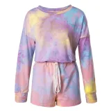 Women Tie-Dye Long Sleeves Pullover Tops and Shorts Home Casual Lounge Sets
