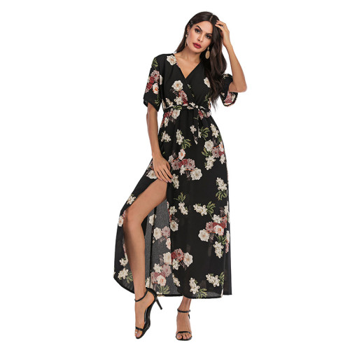 Women Floral Print Split V-neck Maxi Wrap Dress