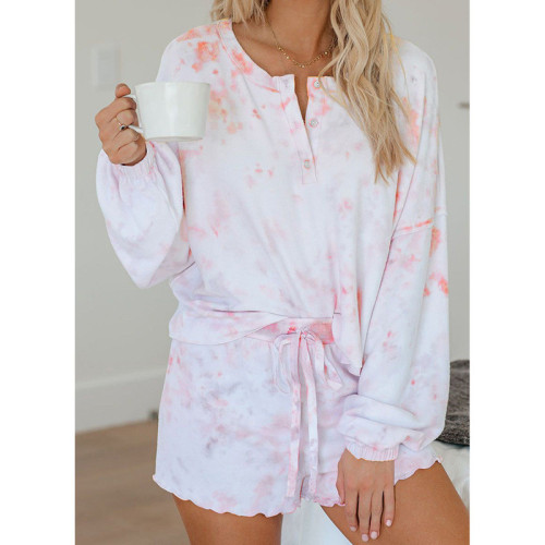 Women Tie-Dye Long Sleeves Tops and Shorts Home Casual Lounge Sets