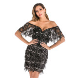 Women Tassels Fringed Sequins Bodycon Mini Party Dress