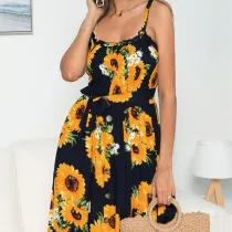 Women Sunflowers Floral Print High Waist Slip A-line Dress