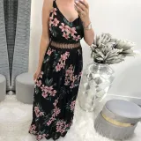 Women Floral Print Cut Out Mesh High Waist V-neck Slip Maxi Dress