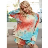 Women Tie-Dye Long Sleeves Pullover Tops and Shorts Home Casual Lounge Sets