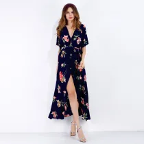 Women Floral Print V-neck Wrap Dress