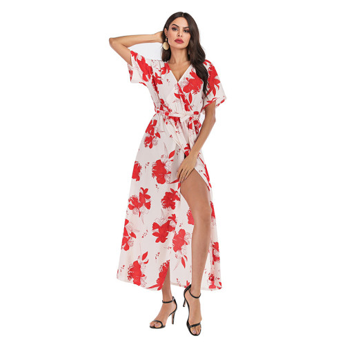 Women Floral Print Split V-neck Wrap Maxi Dress