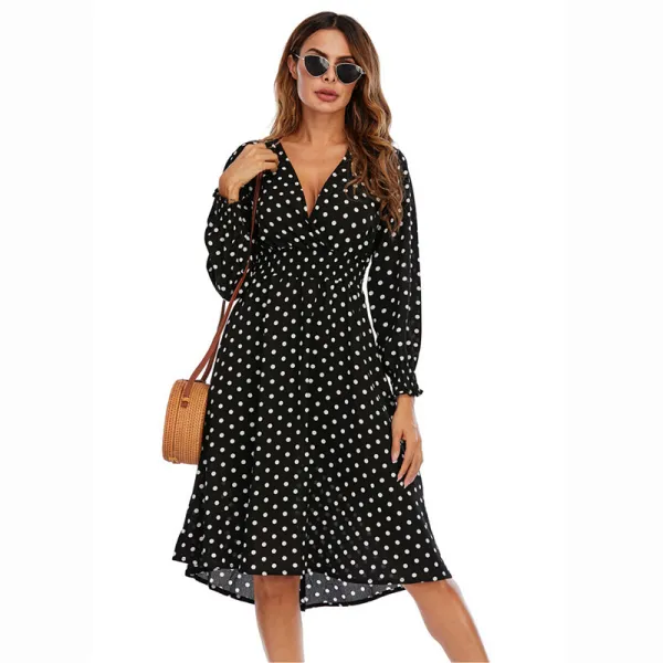 Women White Dots V-neck High Waist Longe Sleeves A-line Dress