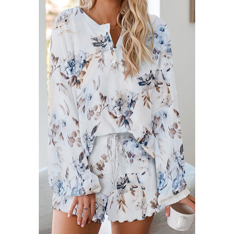 Women Flowers Print Long Sleeves Tops and Shorts Home Casual Lounge Sets