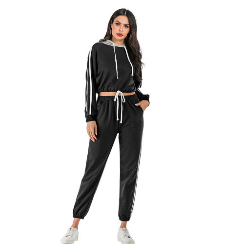 Women Long Sleeves Hooded Short Stripes Top and Sports Pants Two-piece Sets