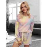 Women Tie-Dye Long Sleeves Pullover Tops and Shorts Home Casual Lounge Sets