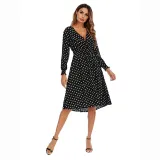Women White Dots V-neck High Waist Longe Sleeves A-line Dress