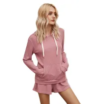 Women Hooded Pullover Long Sleeve Sweatshirt Tops and Shorts Home Casual Lounge Sets