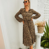 Women Leopard High Waist V-neck Long Sleeve Maxi Dress
