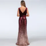 Women Velvet Ombre Sequins Matching V-neck Mermaid Maxi Party Dress
