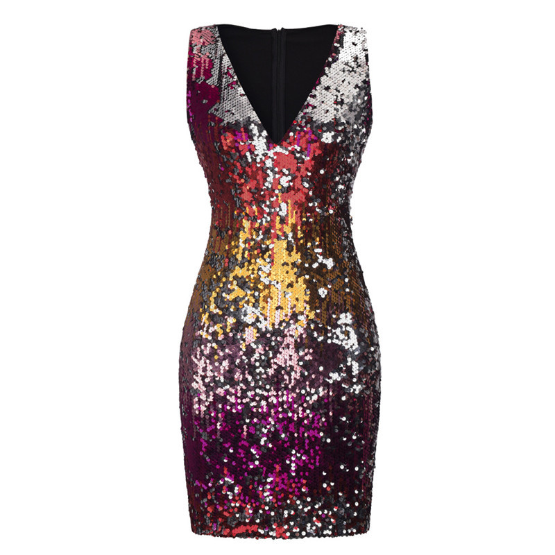 V-neck Sequins Shirred Frill Party Bodycon Mini Dresses