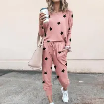 Women Prints Leaves Stars Long-Sleeved Round Neck Top and Pant Casual Lounge Sets