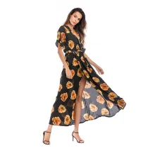 Women Floral Print Split V-neck Wrap Maxi Dress