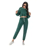Women Long Sleeves Hooded Short Stripes Top and Sports Pants Two-piece Sets