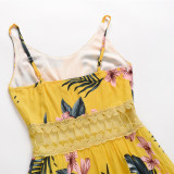 Women Floral Print Cut Out Mesh High Waist V-neck Slip Maxi Dress