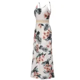 Women Floral Print Cut Out Mesh High Waist V-neck Slip Maxi Dress